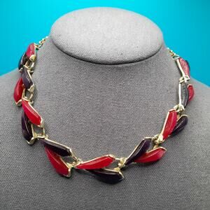 Vintage Red Purple Lucite Choker Necklace, Gold Tone, Mid-Century Modern
